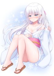 Rule 34 | 1girl, blue eyes, blush, breasts, brown footwear, cleavage, closed mouth, collarbone, full body, hair ornament, hairclip, hands up, highres, japanese clothes, kimono, knees up, long hair, long sleeves, looking at viewer, medium breasts, nakamura hinato, naruse shiroha, nose blush, obi, off shoulder, pinching sleeves, sandals, sash, short kimono, sitting, sleeves past wrists, solo, summer pockets, very long hair, white hair, white kimono, wide sleeves, zouri