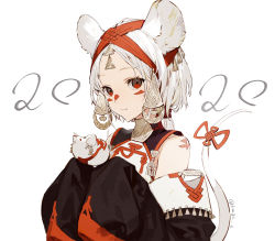 Rule 34 | 1girl, :3, absurdres, animal ears, bare shoulders, brown eyes, detached sleeves, earrings, facial mark, headwear request, highres, jewelry, kawaguchi (mojacome), long hair, looking at viewer, mouse (animal), mouse ears, mouse tail, original, parted bangs, ponytail, simple background, sleeves past wrists, smile, solo, tail, white background, white hair