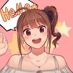 Rule 34 | 10s, 1girl, absurdres, ahoge, blush, brown hair, earrings, english text, highres, idolmaster, idolmaster million live!, jewelry, kamille (vcx68), looking at viewer, necklace, open mouth, portrait, purple eyes, side ponytail, smile, solo, star (symbol), yokoyama nao
