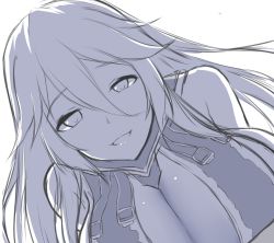 Rule 34 | 10s, 1girl, :d, bare shoulders, blue theme, breast rest, breasts, cleavage, female focus, granblue fantasy, hair between eyes, highres, large breasts, long hair, looking at viewer, magisa (granblue fantasy), monochrome, no headwear, open mouth, purple theme, simple background, smile, solo, upper body, white background, yutarahha