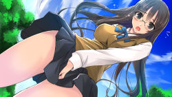 Rule 34 | 1girl, black eyes, black hair, black skirt, blue bow, bow, breasts, cloud, commentary request, day, embarrassed, from below, glasses, highres, large breasts, long hair, long sleeves, miracle hoshi, original, pleated skirt, school uniform, serafuku, shirt, skirt, skirt tug, sky, solo, thighs, vest, white shirt