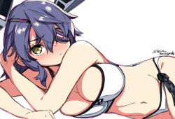 Rule 34 | 1girl, bikini, breasts, cleavage, commentary request, cowboy shot, eyepatch, headgear, kantai collection, laco soregashi, large breasts, lying, navel, on stomach, one-hour drawing challenge, purple hair, short hair, side-tie bikini bottom, simple background, solo, swimsuit, tenryuu (kancolle), twitter username, white background, white bikini, yellow eyes