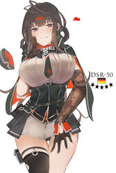 Rule 34 | 1girl, absurdres, antenna hair, black cape, black gloves, black necktie, blush, breasts, brown hair, cape, character name, cowboy shot, dsr-50 (girls&#039; frontline), garrison cap, german flag, girls&#039; frontline, gloves, gluteal fold, hair ornament, hat, heart, highres, large breasts, necktie, parted lips, red cape, red eyes, reraise, short necktie, skirt, solo, star (symbol), two-tone cape, white background, white skirt