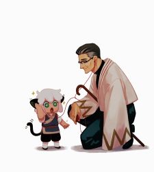 Rule 34 | + +, 2boys, age difference, animal ears, black hair, cane, cat ears, cat tail, character request, child, earbuds, earphones, glasses, green eyes, highres, kunitarou-art, long sleeves, luo xiaohei, luo xiaohei (human), luo xiaohei zhanji, multiple boys, open mouth, shadow, shared earphones, short eyebrows, simple background, smile, squatting, tail, white background, white hair