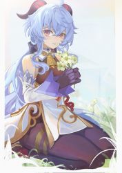 Rule 34 | 1girl, ahoge, arrrrrry1, bare shoulders, bell, black legwear, blue gloves, blue hair, blush, bow, chinese knot, detached sleeves, eating flower, flower, flower knot, ganyu (genshin impact), genshin impact, gloves, gold trim, highres, holding, holding flower, horns, long hair, looking at viewer, low ponytail, multicolored eyes, neck bell, petals in mouth, purple eyes, qingxin flower, sidelocks, sitting, solo, thighlet, wariza, white flower, white sleeves