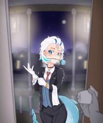 Rule 34 | 1girl, alternate costume, blue eyes, blue hair, butler, city lights, door, doorway, female butler, fins, fish tail, flower, formal, gawr gura, gloves, hair slicked back, highres, hololive, hololive english, long sleeves, moral cacoethes, mouth hold, multicolored hair, necktie, night, pants, pov doorway, rose, shirt, short hair, streaked hair, suit, tail, virtual youtuber, white gloves, white hair