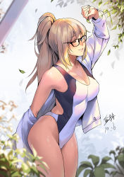 Rule 34 | 1girl, ;), absurdres, arm behind back, arm up, back cutout, bad id, bad pixiv id, black-framed eyewear, blonde hair, blue eyes, blush, breasts, cleavage, clothing cutout, commentary, competition swimsuit, dated, fate/grand order, fate (series), glasses, highleg, highleg swimsuit, highres, hood, hooded jacket, jacket, jeanne d&#039;arc (fate), jeanne d&#039;arc (ruler) (fate), jeanne d&#039;arc (swimsuit archer) (fate), jeanne d&#039;arc (swimsuit archer) (second ascension) (fate), jinlin, large breasts, leaf, legs, one-piece swimsuit, one eye closed, plant, ponytail, signature, smile, solo, swimsuit, white jacket, white one-piece swimsuit