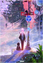 Rule 34 | 1girl, bag, black cat, cat, from behind, full body, ice, japanese clothes, long hair, nima (ross tran), original, road sign, ross tran, sign, solo focus, white hair