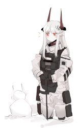 Rule 34 | 1girl, arknights, black gloves, blush, demon horns, feet out of frame, gloves, hair between eyes, highres, horns, long hair, long sleeves, mudrock (arknights), odmised, pointy ears, red eyes, silver hair, snowman, solo, standing, white background