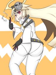 Rule 34 | 1girl, ahoge, arc system works, artist request, ass, belt, blush, bodysuit, breasts, from behind, gloves, grin, guilty gear, guilty gear xrd, halo, highres, jack-o&#039; valentine, long hair, looking at viewer, looking back, mask, pantylines, platinum blonde hair, red eyes, simple background, skin tight, smile, solo, very long hair