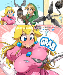 Rule 34 | 1boy, 1girl, absurdres, blonde hair, blue background, blue eyes, blush, grabbing another&#039;s breast, breasts, brown gloves, closed mouth, comic, crown, dress, earrings, elbow gloves, fingerless gloves, gloves, grabbing, green headwear, green shirt, hat, highres, jewelry, large breasts, link, lips, long hair, mario (series), nintendo, open mouth, parted lips, pink background, pink dress, pink lips, pointy ears, princess peach, puffy short sleeves, puffy sleeves, sasa tseng, shirt, short sleeves, smile, super smash bros., the legend of zelda, the legend of zelda: twilight princess, upper body, white gloves, yellow background