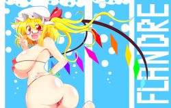 Rule 34 | 1girl, ass, bikini, blonde hair, blue background, blush, breasts, character name, fang, flandre scarlet, glasses, hand on own hip, hat, highres, huge breasts, open mouth, red eyes, rindou (p41neko), side ponytail, solo, swimsuit, touhou, v, wings