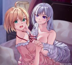 Rule 34 | 2girls, anisphia wynn palettia, bedroom, blonde hair, blurry, blurry background, blush, breasts, cleavage, euphyllia magenta, green eyes, grey hair, hand on another&#039;s face, highres, holding hands, interlocked fingers, large breasts, long hair, looking at another, looking at viewer, multiple girls, nightgown, on bed, open mouth, pink nightgown, purple eyes, red ribbon, ribbon, seraphim throne, short hair, single bare shoulder, smile, tensei oujo to tensai reijou no mahou kakumei, very long hair, white nightgown, yuri