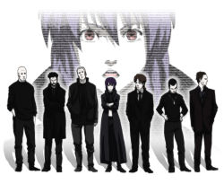 Rule 34 | 1girl, 6+boys, bald, batou (gits), black hair, black shirt, boma (gits), brown hair, coat, crossed arms, everyone, formal, ghost in the shell, ghost in the shell lineup, ghost in the shell stand alone complex, grey hair, hand in pocket, hands in pockets, hands on own hips, hat, head tilt, ishikawa (gits), jacket, jewelry, kusanagi motoko, lineup, looking away, looking down, multiple boys, necklace, necktie, no eyes, open mouth, paz (gits), purple hair, red eyes, saito, saitou (gits), shadow, shirt, short hair, sjw kazuya, standing, suit, sweater, togusa (gits)