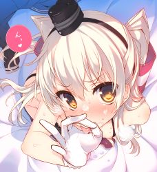 Rule 34 | 1girl, absurdres, amatsukaze (kancolle), bare shoulders, bed sheet, blonde hair, blush, breasts, brown eyes, cropped, cum, facial, fellatio gesture, flat chest, garter straps, gloves, grey hair, hair between eyes, hair tubes, hairband, handjob gesture, hat, highres, kantai collection, long hair, looking at viewer, mini hat, nipples, oral invitation, petite, sexually suggestive, unworn shirt, sidelocks, single glove, solo, tatami to hinoki, tongue, tongue out, two side up, white gloves, white hair