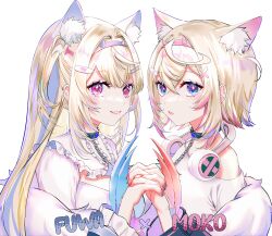 Rule 34 | 2girls, absurdres, ahoge, animal ear fluff, animal ears, belt collar, blonde hair, blue eyes, chain, character name, collar, dog ears, dog girl, fake claws, fuwawa abyssgard, fuwawa abyssgard (1st costume), headband, headphones, headphones around neck, highres, hololive, hololive english, interlocked fingers, long hair, looking at viewer, mococo abyssgard, mococo abyssgard (1st costume), multicolored hair, multiple girls, pink eyes, pink headband, short hair, siblings, simple background, sisters, smile, sowon, streaked hair, twins, virtual youtuber