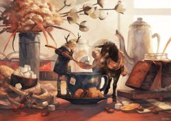 Rule 34 | 1boy, artist name, biscuit (bread), blue jacket, book, boots, bread, coat, commentary request, cup, donkey, flower, food, fur coat, holding, holding spoon, horns, jacket, original, pants, spoon, steam, sugar cube, teapot, white hair, yoshioka (haco)