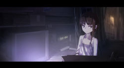 Rule 34 | 1girl, absurdres, asymmetrical hair, brown eyes, brown hair, cable, closed mouth, commentary, crt, dress, hair ornament, hairclip, highres, hui feng, iwakura lain, letterboxed, serial experiments lain, short hair, sitting, sleeveless, solo, white dress, x hair ornament