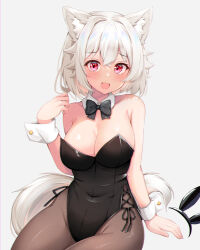 Rule 34 | 1girl, alternate costume, animal ears, black leotard, breasts, brown pantyhose, cleavage, fake animal ears, grey background, inubashiri momiji, large breasts, leotard, looking at viewer, open mouth, pantyhose, playboy bunny, rabbit ears, red eyes, rururiaru, short hair, simple background, solo, tail, touhou, white hair, wolf ears, wolf girl, wolf tail