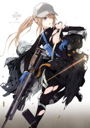 Rule 34 | 1girl, 7.62x51mm nato, ammunition, assault rifle, baseball cap, battle rifle, black pantyhose, black shirt, blonde hair, blue eyes, blue gloves, bullet, character name, commentary, convenient censoring, earrings, flat chest, fn scar, full-power cartridge, girls&#039; frontline, gloves, gun, hat, highres, jacket, unworn jacket, jewelry, long sleeves, magazine (weapon), mishima hiroji, one eye closed, open mouth, pantyhose, rifle, rifle cartridge, scar-h, scar-h (girls&#039; frontline), scope, shell casing, shirt, side ponytail, solo, torn clothes, torn jacket, torn pantyhose, torn shirt, twitter username, weapon