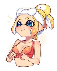 Rule 34 | 1girl, :t, adjusting bra, adjusting clothes, blonde hair, blush, bra, breasts, cleavage, closed mouth, commentary request, cropped torso, fume, highres, inkling, inkling girl, inkling player character, lace, lace-trimmed bra, lace trim, mask, medium breasts, nintendo, nou (nounknown), orange bra, pointy ears, short hair, smile, solo, tearing up, tentacle hair, towel, towel on head, trembling, twitter username, underwear, upper body, wavy mouth, white background