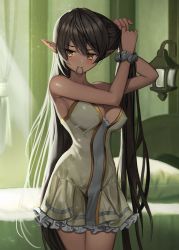 Rule 34 | 1girl, adjusting hair, armpits, bare shoulders, bed, bedroom, black hair, breasts, cleavage, closed mouth, commentary typo, curtains, dark-skinned female, dark elf, dark skin, dress, elf, grey scrunchie, highres, large breasts, long hair, looking to the side, mouth hold, original, pillow, pointy ears, scrunchie, solaris (sinhyg), solo, standing, thighs, very long hair, white dress, wrist scrunchie, yellow eyes