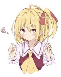 Rule 34 | 1girl, alternate eye color, ascot, blonde hair, blush, bow, braid, breasts, brown dress, closed mouth, collared shirt, commentary request, dress, flandre scarlet, frills, hair between eyes, hands up, highres, hyurasan, looking up, medium breasts, no headwear, one side up, puffy short sleeves, puffy sleeves, red bow, shirt, short hair, short sleeves, simple background, solo, touhou, upper body, white background, white shirt, wrist cuffs, yellow ascot, yellow eyes