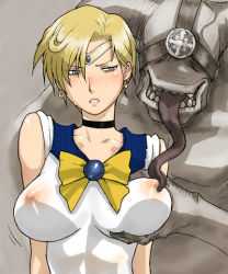 Rule 34 | 1990s (style), 1boy, 1girl, bishoujo senshi sailor moon, blonde hair, blue sailor collar, blush, bow, breasts, choker, covered erect nipples, earrings, grabbing, grabbing another&#039;s breast, hetero, huge breasts, imminent rape, impossible clothes, impossible shirt, jewelry, long tongue, lowres, magical girl, momo tai, monster, nipples, retro artstyle, sailor collar, sailor uranus, see-through, shirt, simple background, sweat, sweatdrop, ten&#039;ou haruka, tiara, tongue, tongue out, wet, wet clothes, yellow bow