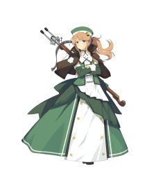 Rule 34 | 1girl, bow (weapon), brown hair, capelet, crossbow, crossed arms, detached sleeves, dress, evenicle, full body, green dress, green eyes, hat, highres, kathryn lapucelle, long dress, long hair, looking at viewer, official art, ponytail, solo, tachi-e, transparent background, tsundere, weapon