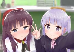 Rule 34 | 10s, 2girls, black hair, blue eyes, blurry, blush, bow, commentary request, depth of field, grey eyes, hair bow, hair ribbon, light purple hair, long hair, looking at viewer, multiple girls, new game!, racchi., reaching, reaching towards viewer, ribbon, selfie, smile, suzukaze aoba, takimoto hifumi, twintails, wavy mouth