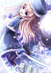 Rule 34 | 1girl, black pantyhose, blonde hair, blue eyes, blue gloves, capelet, eyebrows, gift bag, gloves, hair ornament, holding, long hair, looking at viewer, merry christmas, missile228, open mouth, original, pantyhose, russian text, slavic mythology, snegurochka (mythology), solo, star (symbol), star hair ornament