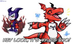 Rule 34 | bug, butterfly, digimon, digimon (creature), digital hazard, fire, gloves, green eyes, guilmon, impmon, insect, open mouth, scarf, sharp teeth, tail, teeth