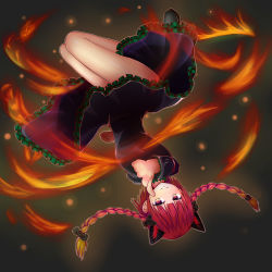 Rule 34 | 1girl, absurdres, animal ears, ass, black bow, bow, braid, cat ears, dress, fire, fire, hair bow, highres, kaenbyou rin, kujira137, long sleeves, no tail, pointing, pointing at viewer, red eyes, red hair, solo, touhou, twin braids, upside-down