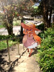 Rule 34 | 1girl, bad id, bad pixiv id, blunt bangs, day, dress, food, hat, holding, holding clothes, holding hat, inkling, inkling girl, inkling player character, long hair, mouth hold, nintendo, orange hair, outdoors, photo background, pointy ears, popsicle, purple hat, real world location, sandals, sleeveless, sleeveless dress, solo, splatoon (series), splatoon 1, stairs, sun hat, sundress, tan, tentacle hair, wahootarou, walking, white dress