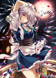Rule 34 | 1girl, apron, arms up, between fingers, blue dress, bow, braid, breasts, cleavage, clock, clock tower, commentary request, corset, cowboy shot, danmaku, dress, frilled apron, frills, green bow, green ribbon, hair bow, head tilt, holding, holding knife, holding weapon, holster, izayoi sakuya, knife, knives between fingers, light particles, lipstick, looking at viewer, maid, maid apron, maid headdress, makeup, medium breasts, monety, neck ribbon, night, night sky, outdoors, parted lips, petals, petticoat, pink lips, pocket watch, puffy short sleeves, puffy sleeves, red eyes, revision, ribbon, rose petals, shirt, short dress, short hair, short sleeves, silver hair, sky, solo, thigh holster, thighs, touhou, tower, twin braids, waist apron, watch, weapon, white apron, white shirt, wrist cuffs