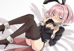 Rule 34 | 1girl, alternate costume, animal ears, black footwear, black jacket, black leotard, black thighhighs, blue eyes, bow, bowtie, breasts, commentary request, detached collar, dutch angle, fake animal ears, high heels, jacket, kantai collection, leotard, looking at viewer, lying, pink hair, playboy bunny, ponytail, r-king, rabbit ears, rabbit tail, shiranui (kancolle), short hair, sitting, small breasts, solo, strapless, strapless leotard, tail, tailcoat, thighhighs, twitter username, wrist cuffs