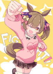 Rule 34 | 1girl, ;d, animal ears, arm up, text background, blush, bow, brown eyes, brown footwear, brown hair, brown skirt, clenched hand, collared shirt, commentary request, english text, hair between eyes, hair bow, harada (sansei rain), highres, horse ears, horse girl, horse tail, long sleeves, looking at viewer, one eye closed, open mouth, pink bow, pink shirt, pleated skirt, puffy long sleeves, puffy sleeves, purple bow, shirt, shoes, skirt, smart falcon (umamusume), smile, solo, standing, standing on one leg, tail, thighhighs, twintails, umamusume, white thighhighs, yellow background, yellow bow