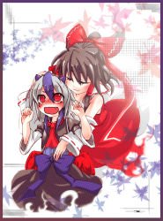 Rule 34 | 2girls, bad id, bad pixiv id, bare shoulders, blue hair, blush, bow, brown hair, detached sleeves, embarrassed, closed eyes, fang, hair bow, hakurei reimu, highres, hzl, leaf, maple leaf, multicolored hair, multiple girls, oshino hazure, ponytail, red eyes, silver hair, tokiko (touhou), touhou, two-tone hair, wavy mouth