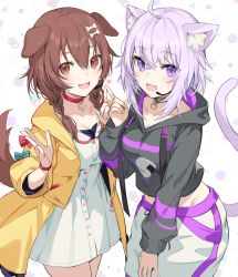 Rule 34 | 2girls, ahoge, animal ear fluff, animal ears, black choker, black jacket, braid, breasts, cat ears, cat tail, choker, cleavage, collarbone, commentary request, dog ears, dog tail, dress, hair between eyes, highres, hololive, icomochi, inugami korone, jacket, long sleeves, looking at viewer, midriff, multiple girls, nekomata okayu, open mouth, orange eyes, pants, purple eyes, purple hair, red choker, short hair, smile, tail, thighs, twin braids, virtual youtuber, white background, white dress, white pants, yellow jacket