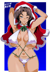 Rule 34 | 1girl, absurdres, arm behind head, arms up, artist name, bikini, black hair, blue background, border, breasts, cape, christmas, commentary, cowboy shot, dark-skinned female, dark skin, dated, el (girls und panzer), fur-trimmed cape, fur trim, girls und panzer, hair intakes, halterneck, hand on own head, highres, hood, hooded cape, large breasts, long hair, looking at viewer, navel, o-ring, o-ring bikini, one eye closed, outline, outside border, parted lips, puckered lips, red cape, shinkuukan (tetsuo3), signature, skindentation, smile, solo, standing, swimsuit, thigh gap, white bikini, white border, white outline