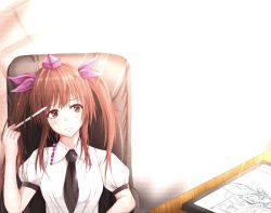 Rule 34 | 1girl, 7saki, arm rest, bad id, bad pixiv id, black necktie, brown eyes, brown hair, chair, commentary request, desk, elbow rest, frilled shirt collar, frills, frown, hair ribbon, hat, head tilt, himekaidou hatate, holding, holding stylus, looking at viewer, necktie, negative space, puffy short sleeves, puffy sleeves, purple ribbon, ribbon, shirt, short sleeves, sitting, solo, stylus, tablet pc, tokin hat, touhou, two side up, upper body, white background, white shirt