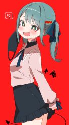 Rule 34 | 1girl, :d, absurdres, arms behind back, bandaid, bandaid on neck, black skirt, blush, bow, collared shirt, demon tail, detached wings, ear piercing, facial mark, fang, from side, hair bow, hair ornament, hatsune miku, heart, heart facial mark, heart hair ornament, highres, lace trim, looking at viewer, mask, unworn mask, non-web source, open mouth, piercing, red background, shirt, skirt, smile, speech bubble, tail, thighs, twintails, uruti 2388, vampire, vampire (vocaloid), vocaloid, wings