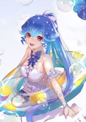 Rule 34 | 1girl, absurdres, arm strap, bao (vtuber), bao (vtuber) (3rd costume), barefoot, blue bow, blush, bow, bracelet, breasts, brown eyes, bubble, chinese commentary, collarbone, dress, flower, grey bow, hair between eyes, hair bow, highres, indie virtual youtuber, innertube, jewelry, long hair, medium breasts, official alternate costume, open mouth, ponytail, shan lan, sitting, smile, solo, strapless, strapless dress, swim ring, thigh strap, very long hair, virtual youtuber, wariza, white dress, white flower
