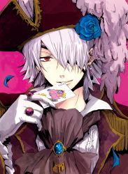 Rule 34 | 00s, 1boy, bad id, bad pixiv id, blue flower, blue rose, card, earrings, flower, gloves, hair over one eye, hamayoshi, hat, holding, holding card, jewelry, male focus, mouth hold, pandora hearts, red eyes, ring, rose, solo, white hair, xerxes break