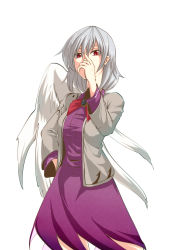 Rule 34 | 1girl, brooch, covering own mouth, highres, jacket, jewelry, kakao (noise-111), kishin sagume, open clothes, open jacket, red eyes, simple background, single wing, solo, touhou, white hair, white wings, wings