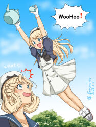 Rule 34 | 2girls, blonde hair, blue eyes, blue sailor collar, blue sky, cloud, commentary request, dated, day, dress, full body, geru, gloves, hat, janus (kancolle), jervis (kancolle), jumping, kantai collection, long hair, multiple girls, open mouth, outdoors, parted bangs, sailor collar, sailor dress, sailor hat, short hair, short sleeves, sky, twitter username, white dress, white gloves, white headwear