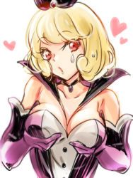 Rule 34 | 1girl, black choker, blonde hair, breasts, choker, cleavage, collarbone, elbow gloves, gloves, grabbing own breast, happinesscharge precure!, heart, highres, jewelry, looking at viewer, medium breasts, pendant, precure, purple gloves, queen mirage, red eyes, shipu (gassyumaron), short hair, sketch, solo, strapless, upper body, white background