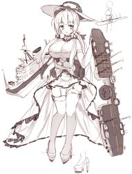 Rule 34 | 1girl, :d, absurdres, azur lane, bare shoulders, blush, breasts, cleavage, dress, elbow gloves, flight deck, garter straps, gloves, greyscale, hat, high heels, highres, illustrious (azur lane), large breasts, long hair, mole, mole under eye, monochrome, open mouth, shoes, sketch, smile, solo, standing, strapless, strapless dress, tandohark, thighhighs, very long hair, white background