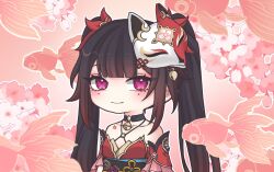 Rule 34 | 1girl, bare shoulders, bell, black choker, blush, bow, brown hair, cherry blossoms, chibi, choker, closed mouth, collarbone, criss-cross halter, detached sleeves, dress, fish, flower, fox mask, gradient hair, hair bow, halterneck, highres, hikaric, honkai: star rail, honkai (series), long bangs, long hair, looking at viewer, mask, mask on head, multicolored hair, neck bell, o-ring, obi, pink background, pink eyes, pink flower, red bow, red dress, red hair, red sleeves, sash, short sleeves, simple background, sleeveless, sleeveless dress, smile, solo, sparkle (honkai: star rail), twintails, upper body