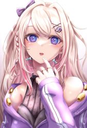 Rule 34 | 1girl, artist name, bare shoulders, blue eyes, bow, bow earrings, braid, diamond hair ornament, earrings, finger to mouth, gradient background, hair bow, hair intakes, hair ornament, hairclip, highres, indie virtual youtuber, jacket, jewelry, light blush, light brown hair, lips, long hair, long sleeves, looking at viewer, misumi no harawata, multicolored hair, nail polish, pink hair, purple bow, purple jacket, ring, ryoku illus, signature, sleeves past wrists, solo, streaked hair, teeth, two-tone hair, upper teeth only, virtual youtuber, watagashi unou, white background, white nails, x hair ornament